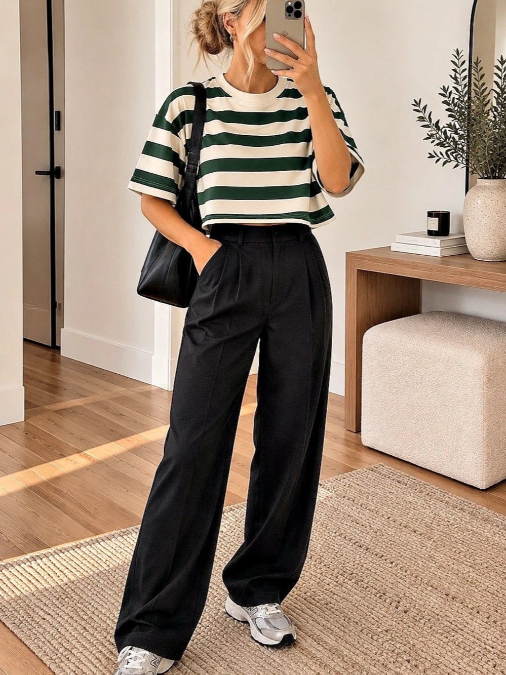 Striped Short Sleeve Top in Green & Black Like New